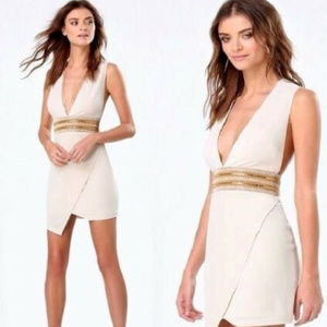 💋 bebe ivory embellished Jewel Waist dress plunge L new RARE 💋
